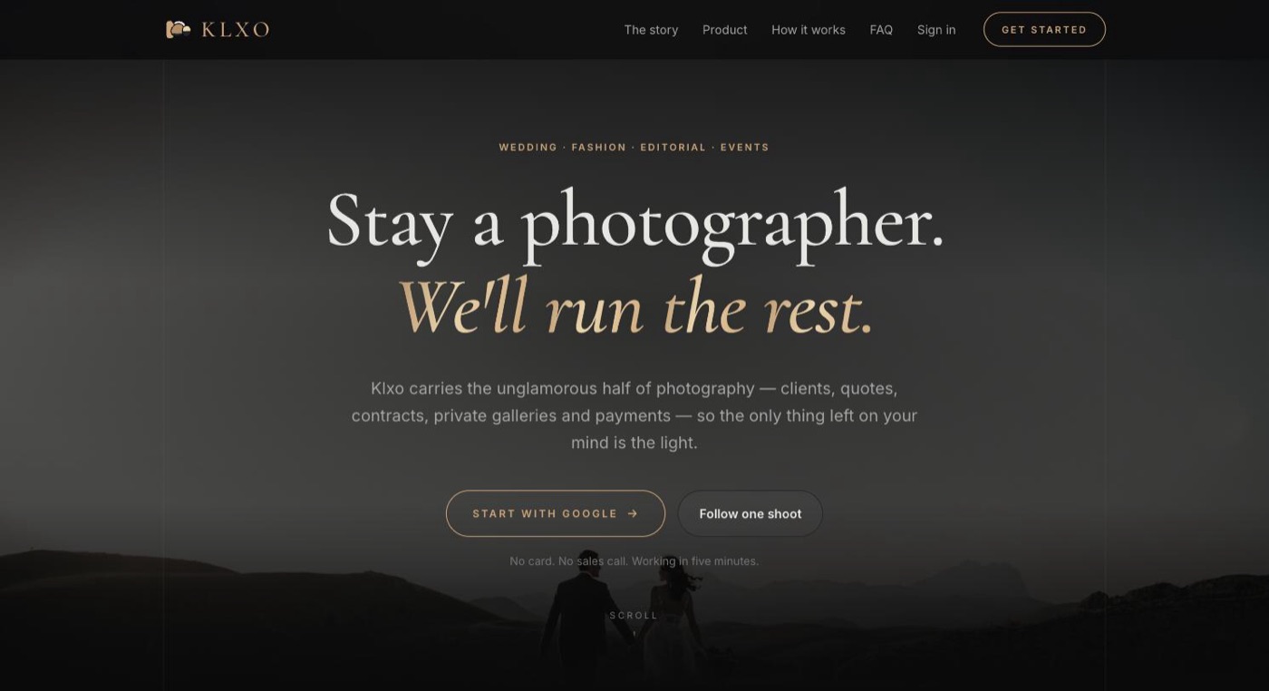 The Klxo home page: a dark editorial layout with the headline “Stay a photographer. We'll run the rest.” over a muted wedding photograph, with sign-up and secondary calls to action.